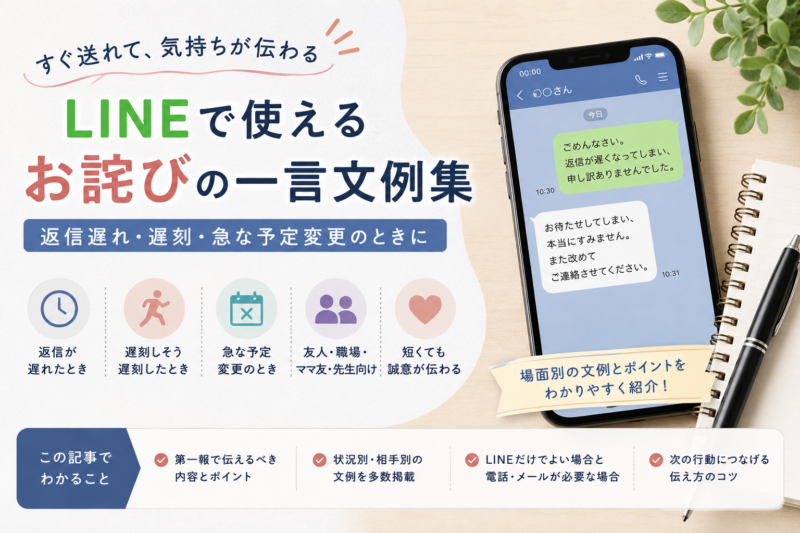 LINEのお詫び文例を、返信遅れ・遅刻・急な予定変更・勘違いの場面別に整理し、謝罪から現在の状況と次の対応へつなげる伝え方を示したガイド画像