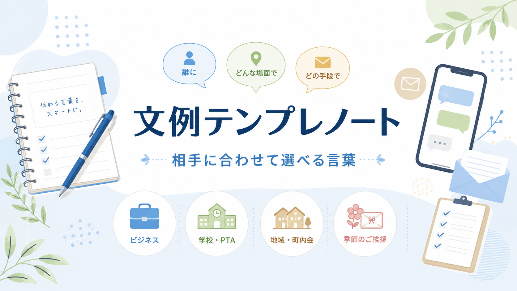 文例テンプレノートのトップページバナー。相手・場面・媒体に合わせて失礼にならない言葉を選べる文例サイトであることを示すイラスト